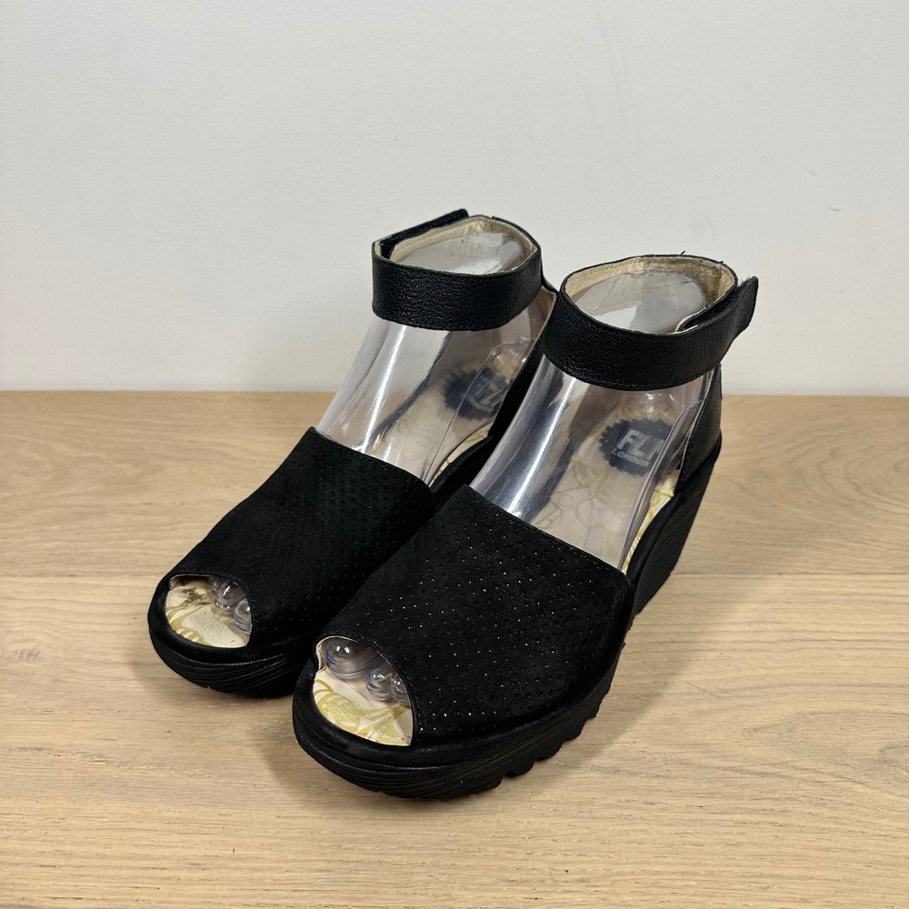 Fly London Wedge Sandals Womens EU 37 Black Leather Peep Toe Platform Punk